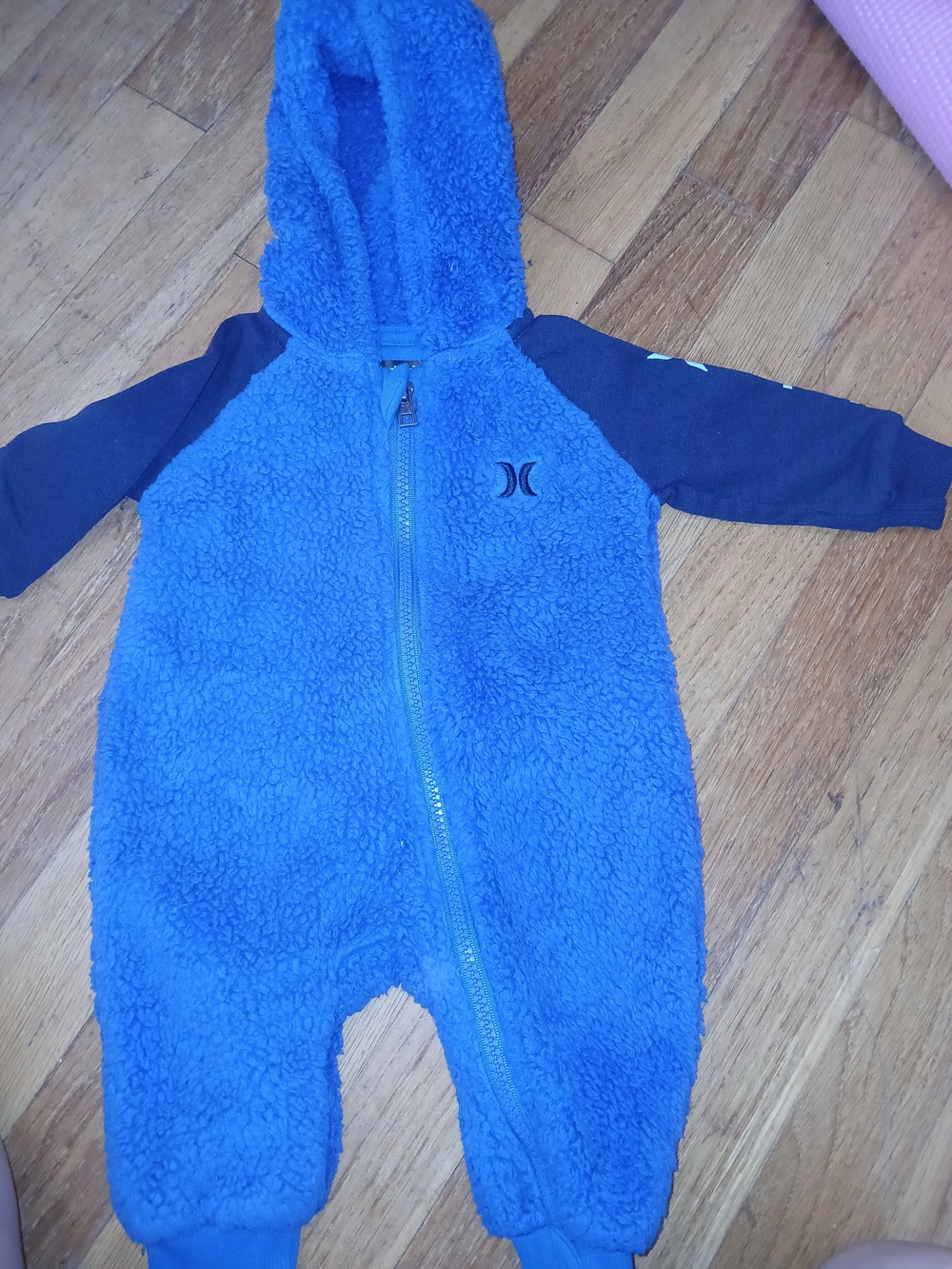 Hurley Blue Sherpa Hooded Footie with Navy Sleeves